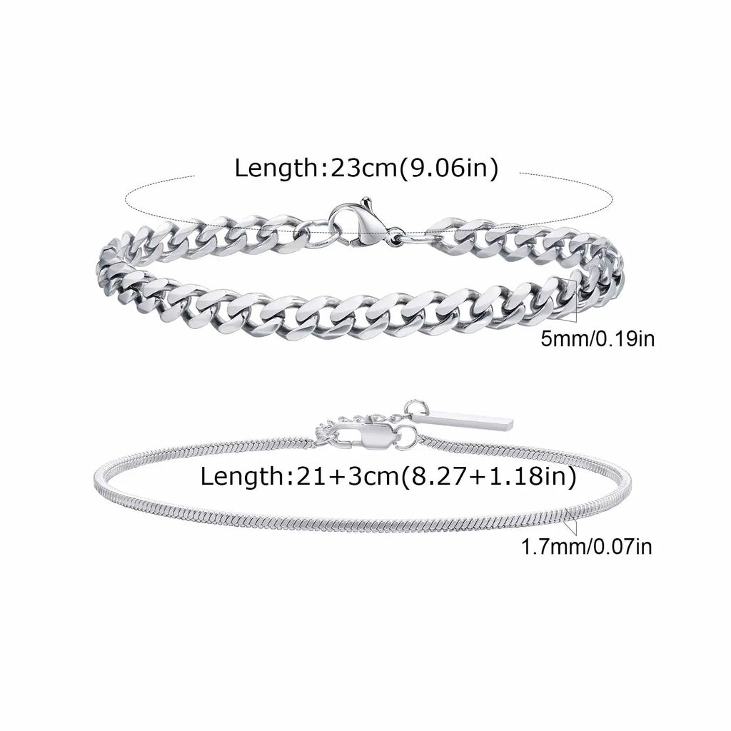 Vnox 2pcs/Set Cuban Figaro Rope Snake Chain Bracelet Set for Men Boys, Gold Black Silver Color Stainless Steel Wristband Jewelry