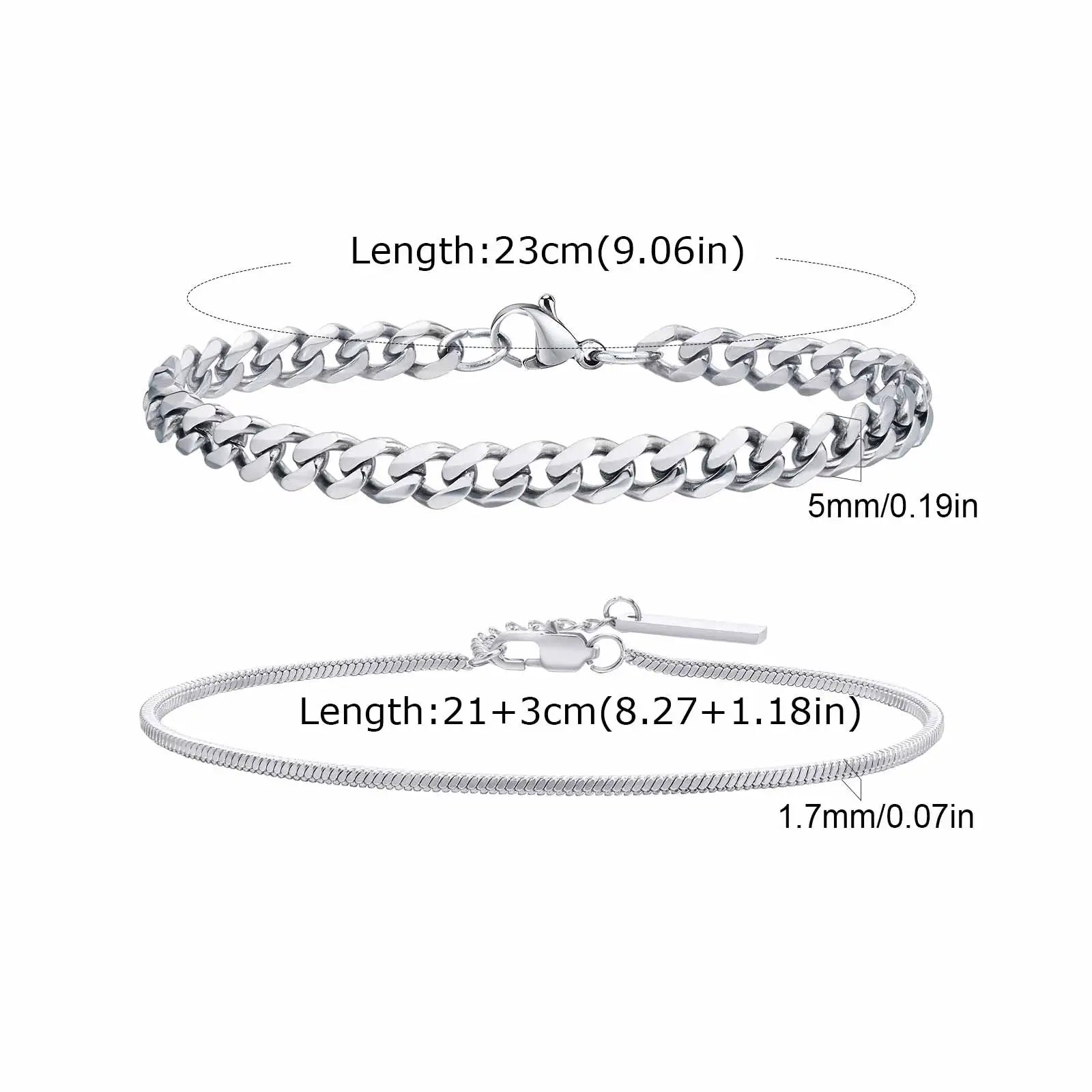 Vnox 2pcs/Set Cuban Figaro Rope Snake Chain Bracelet Set for Men Boys, Gold Black Silver Color Stainless Steel Wristband Jewelry