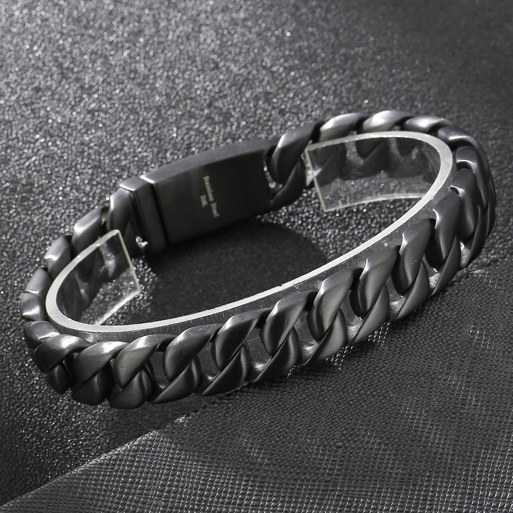 Polished Brushed Stainless Steel Cuban Chain Bracelet for Men Black Gold Color Nickel-Free Jewelry18-24CM Length Gift
