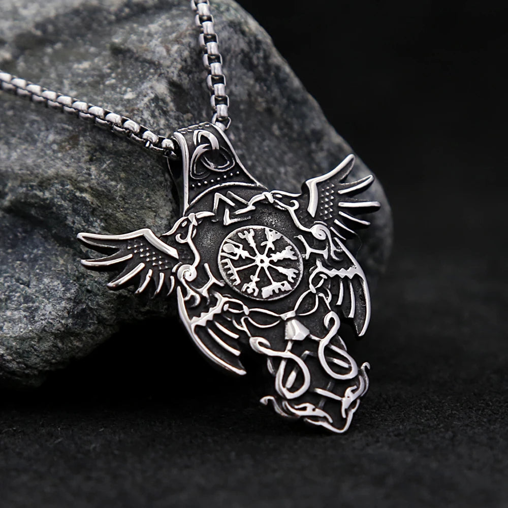 New Vintage Stainless Steel Nordic Odin Crow Pendant Necklace Fashion Viking Compass Necklaces Amulet Jewelry Gifts Dropshipping