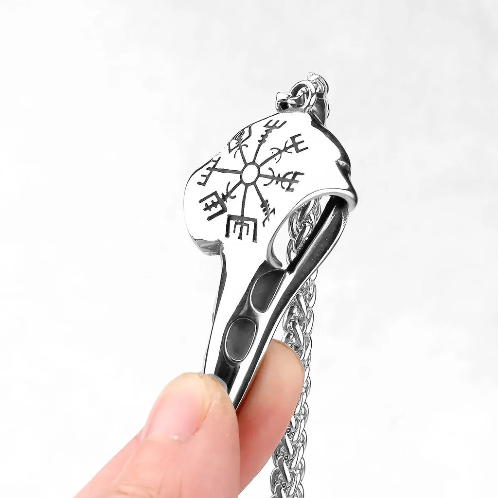 Nordic Odin Crow Skull Pendant Necklace Gothic Stainless Steel Raven Skull Compass Rune Necklace for Men Punk Jewelry