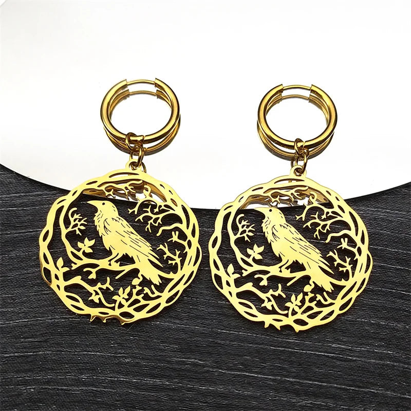 Tree Of Life Steel Earrings Gothic Crow Bird Dangle