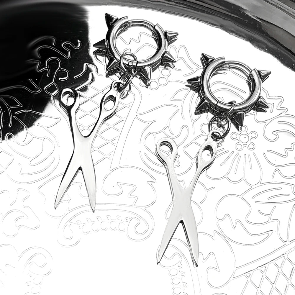 Gothic Scissors Rivet Hoop Dangle Earrings — Stainless Steel