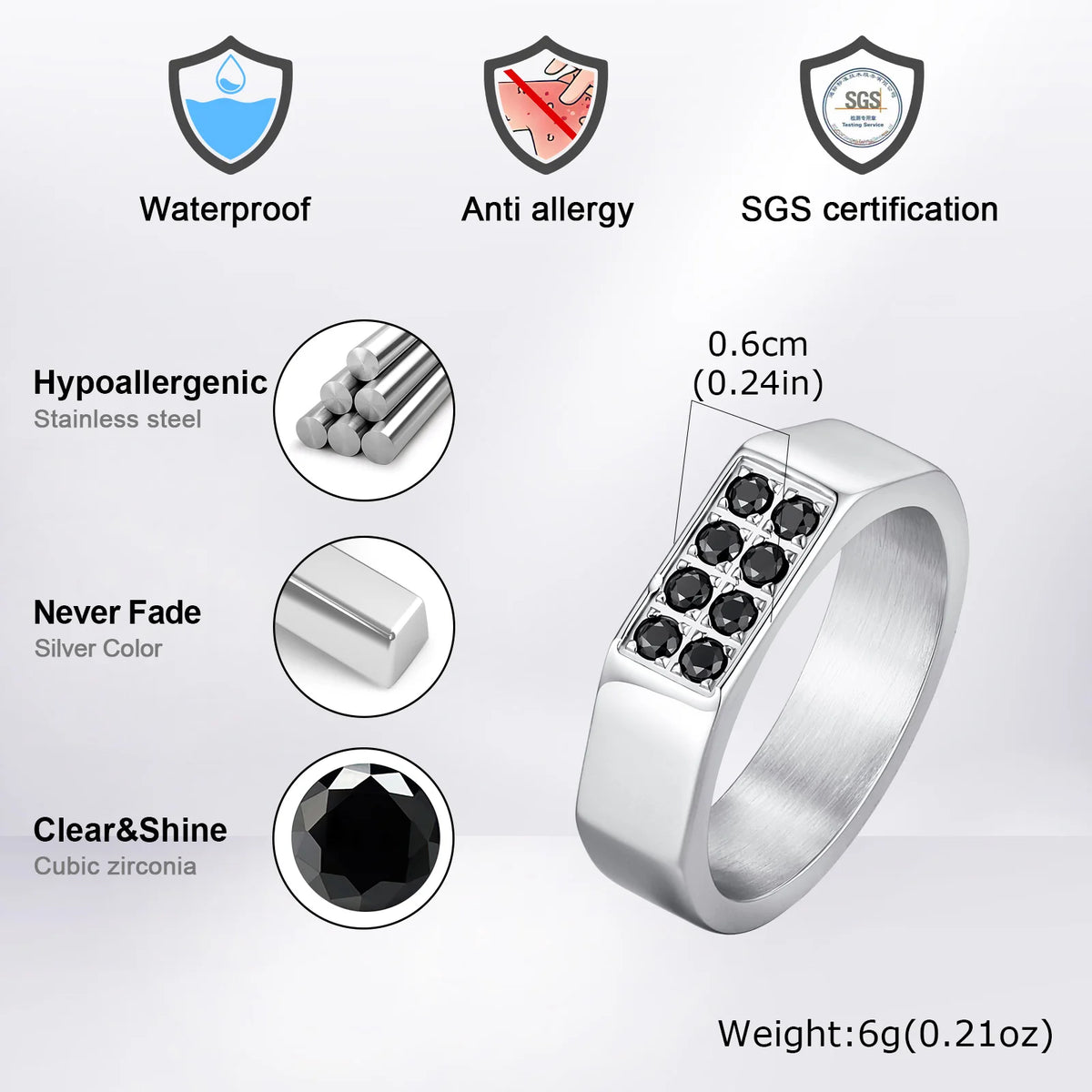 Men's Black Zircon Stainless Steel Ring, High Polished Silver Color Chunky Square Signet Ring, Punk Fashion Jewelry US
