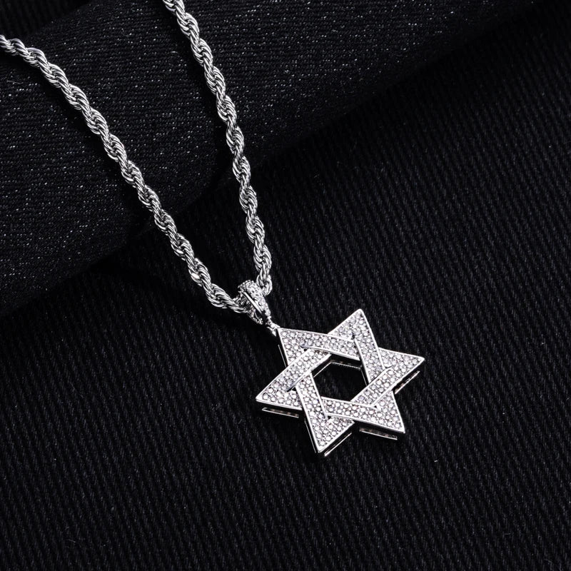 MossanRappr Full Moissanite Iced Out Star of David Pendant Necklace Hip Hop Hexagram Rope Chain for Men Women