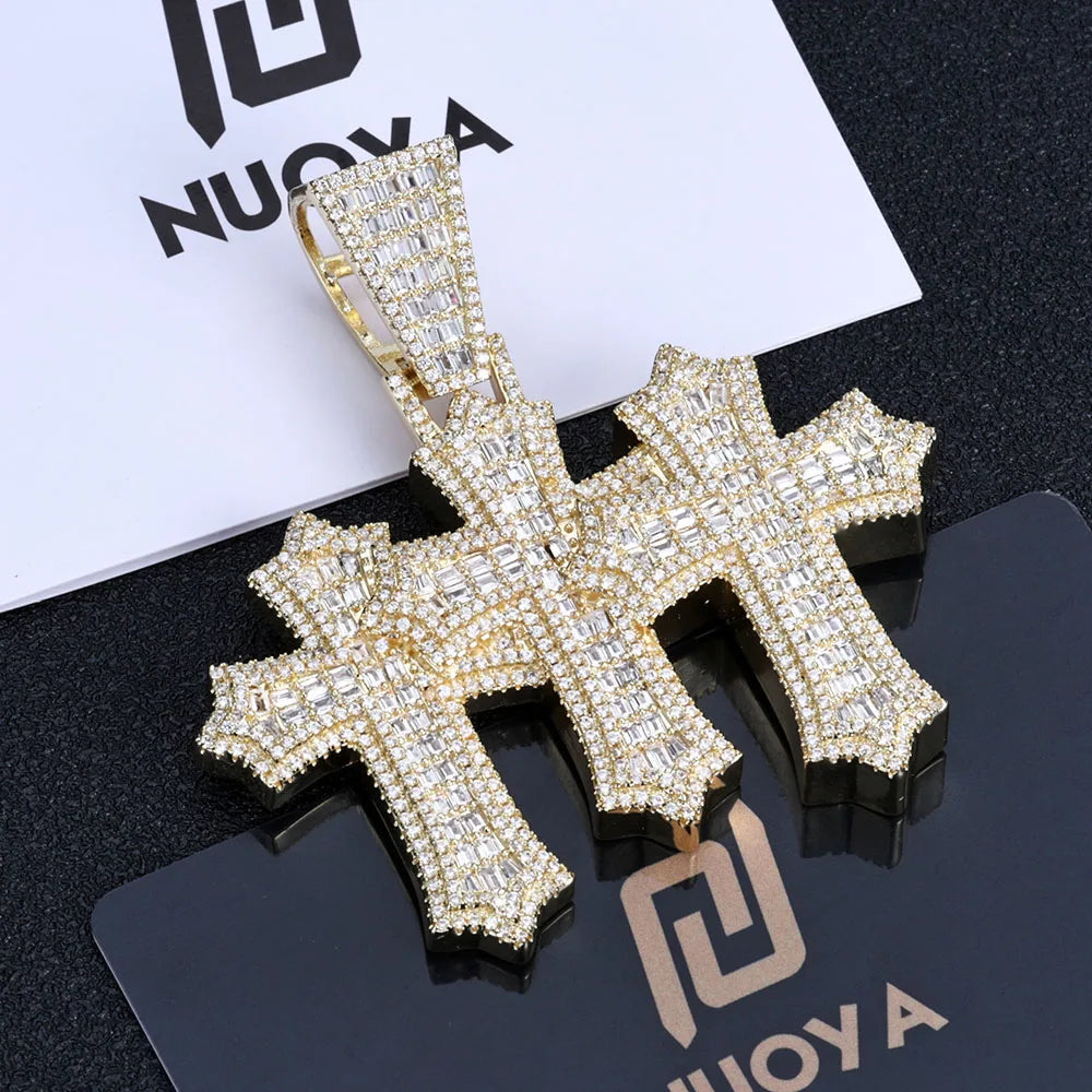Cross Pendant Necklace Iced Out Three Baguette