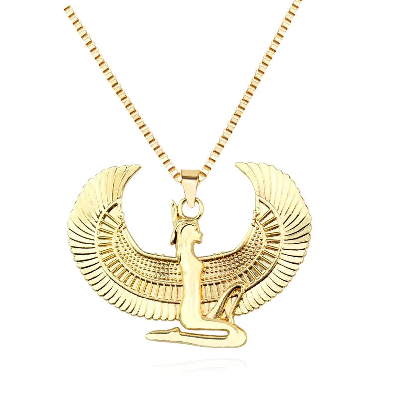 Egyptian Goddess Isis Wings Horus Pendant Necklace — Gold-Tone