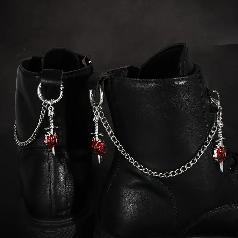 2Pcs Gothic Red Rose Sword Boots Chain Silver Metal Removable Shoe Chain Punk Boots Decorative Accessories Decoration