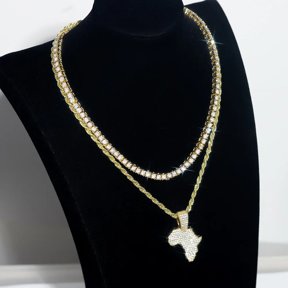 Hip-hop Men's Necklace Set Stylish Africa Map Pendant Necklace Iced Out Inlaid Diamonds Tennis/Rope Chain Punk Jewelry Gift Set