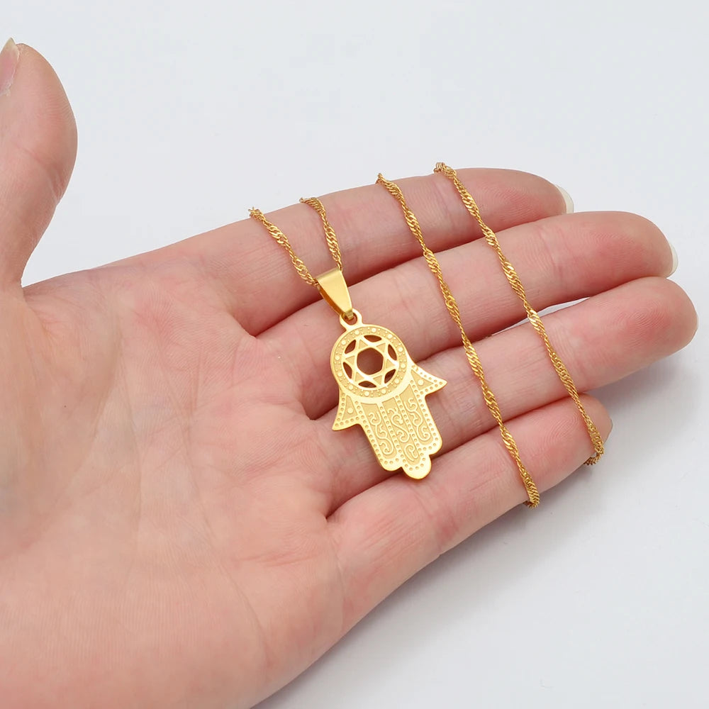 Anniyo Hamsa Hand Pendant Necklaces for Women  Men Arab Middle East Palm Shaped Ethnic Jewelry @276821
