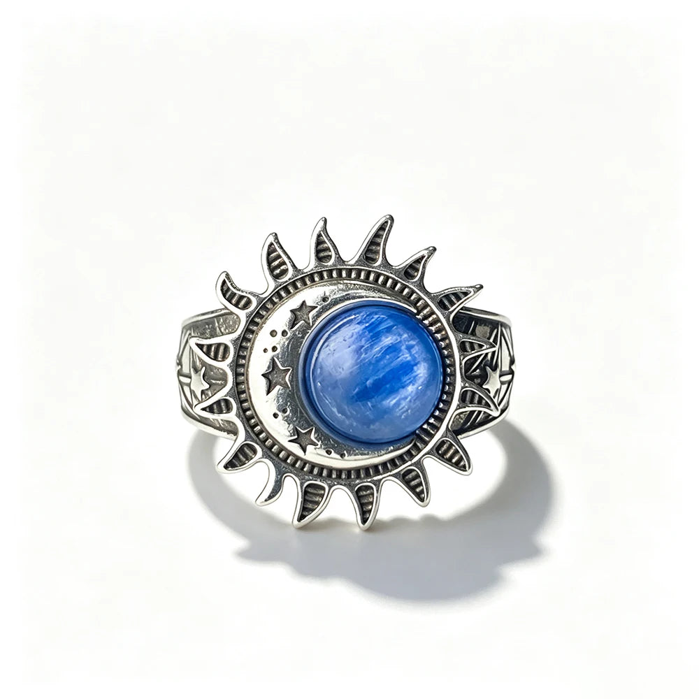 Sun Star Moon Cabochon Ring — Silver-Tone Bohemian