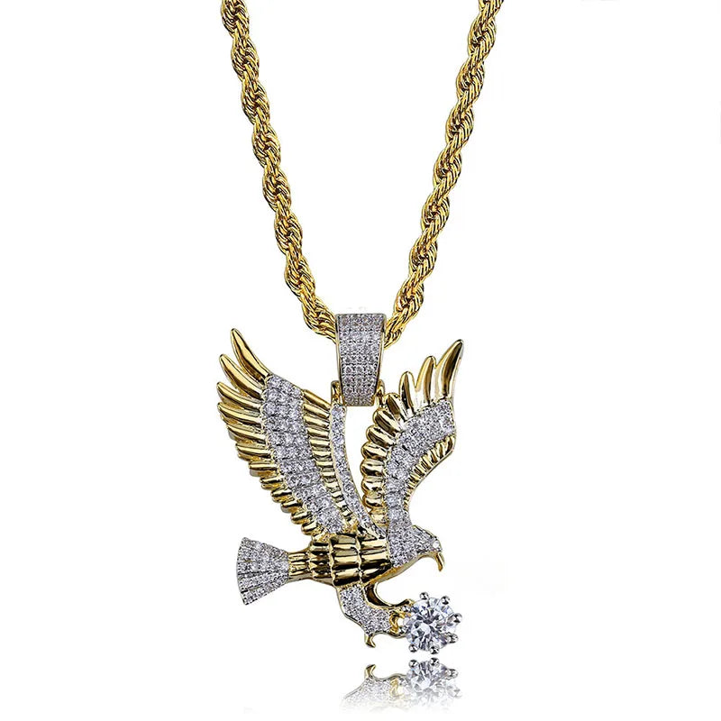Fashionable Shiny Zircon Flying Eagle Animal Pendant Necklace for Men Hip Hop Rock Party Jewelry