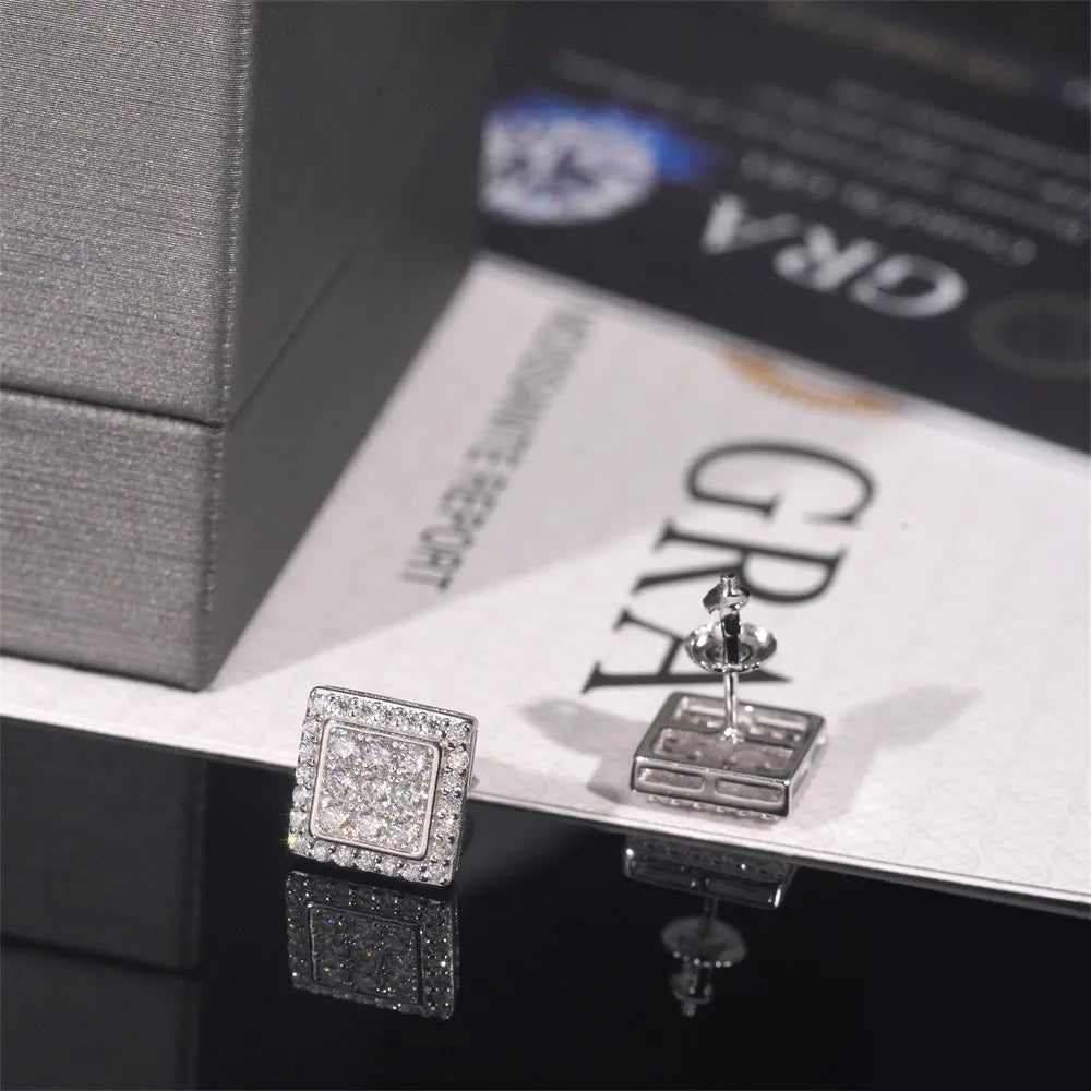 925 Sterling Silver  VVS1 D Color Moissanite  Square Stud Earrings for Men Women Screw Ear Stud Fine Jewelry Diamonds Pass Test