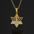 Religious David of Star Hexagram Iced Out Zirconia Pendant Women Gold Color Stainless Steel Necklace for Men Jewish Jewelry Gift