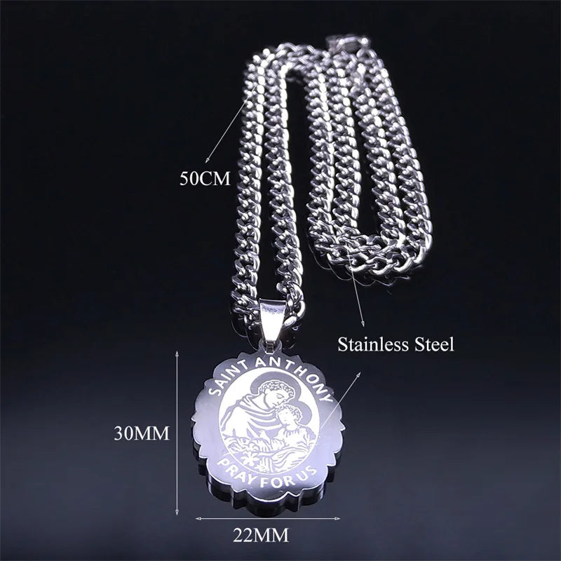 SAINT ANTHONY PRAY FOR US Stainless Steel Archangel Necklace Women/Men Silver Color Flower Necklaces Jewelry religieux