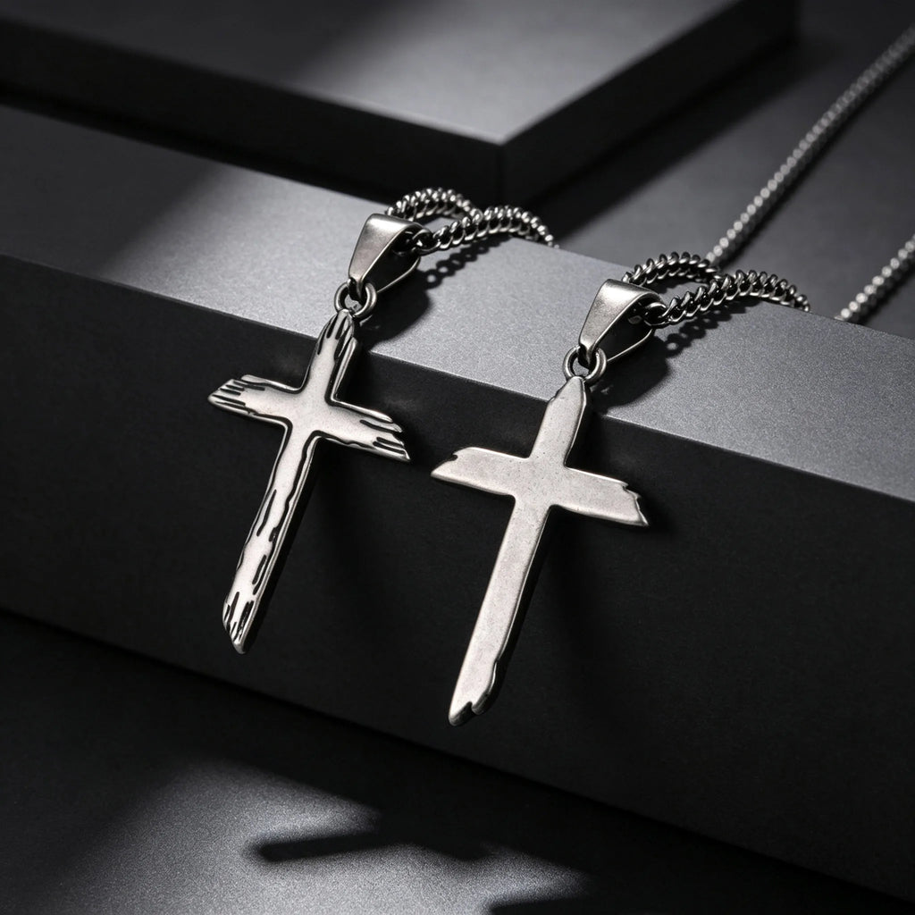 Wood Textured Cross Necklace for Men — Stainless Steel Chain