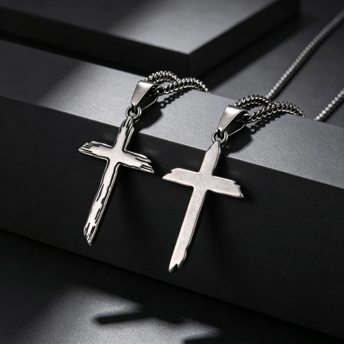 Wood Textured Cross Necklace for Men — Stainless Steel Chain