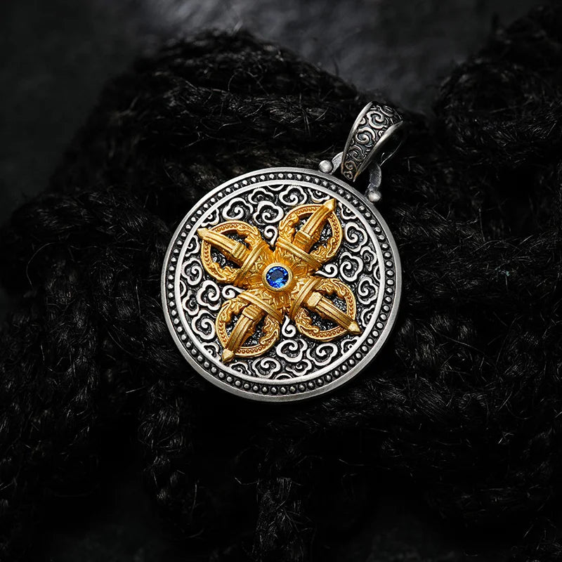 Vintage Gold Vajra Pestle Necklace For Men Jewelry Blessing The Six Character Great Bright Mantra Safety Buckle Pendant Male