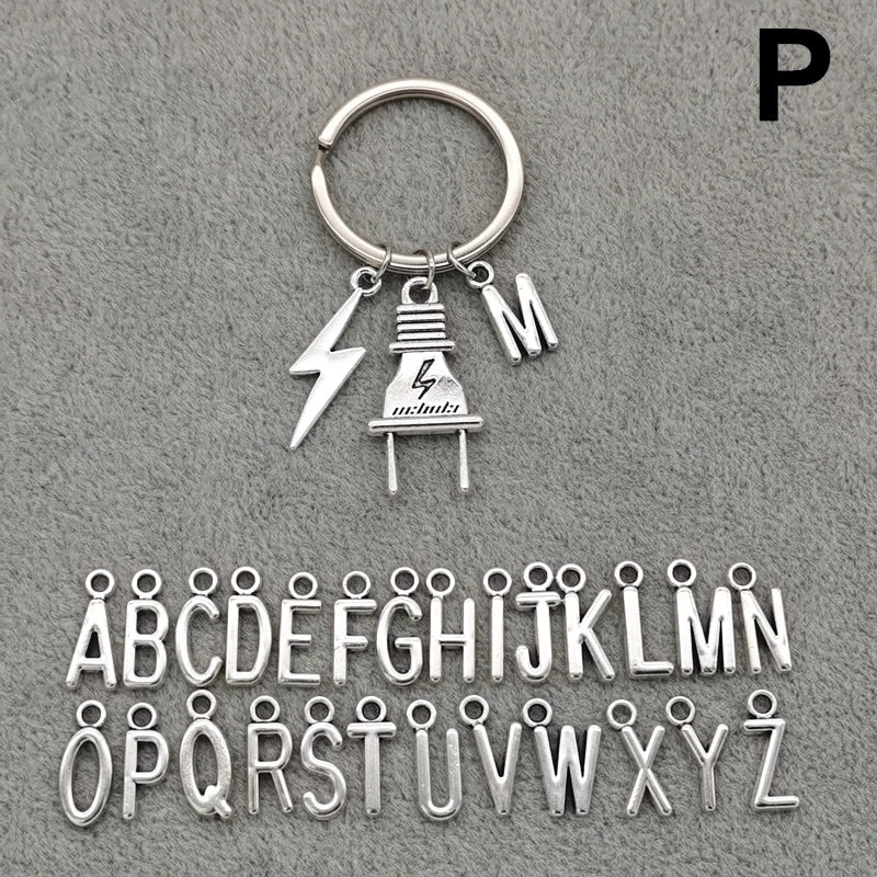Fashion A-Z Letter Charm Lightning Bolt Plug Electrician Keychain for Electrical Worker Bag Car Keyring Gifts