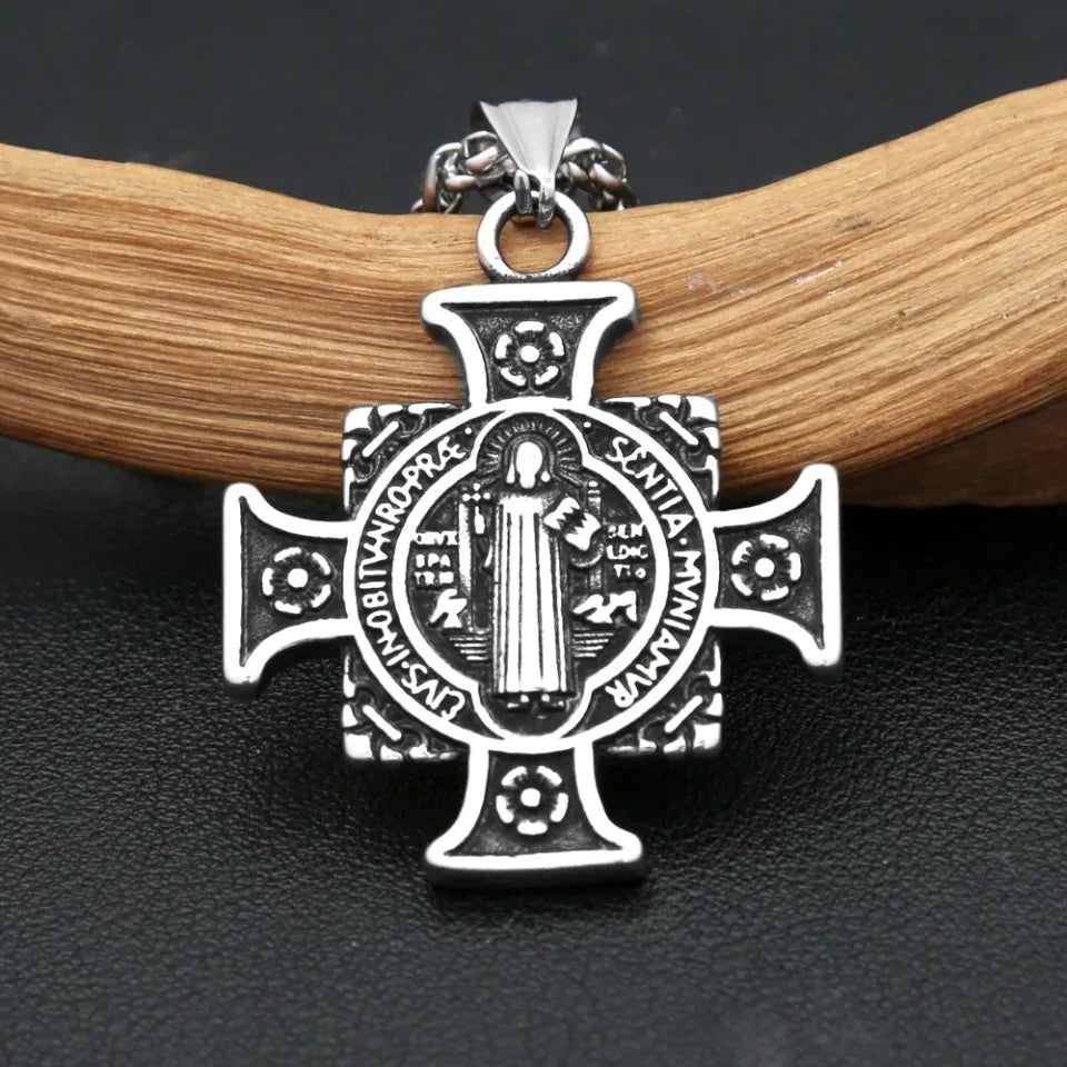 Vintage Stainless Steel Saint Benedict Exorcist Pendant Necklaces For Men Women Fashion Religious Amulet Jewelry