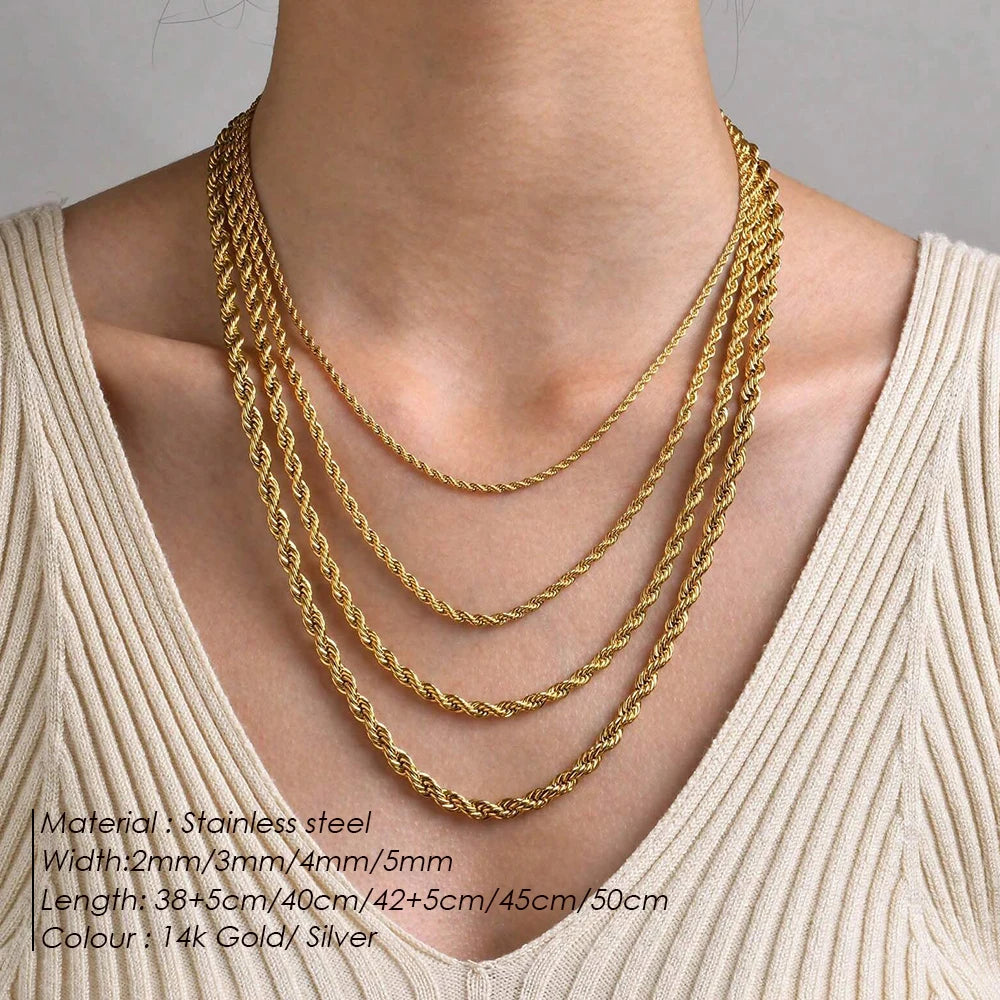 EManco Rope Chain Necklace Stainless Steel Never Fade Waterproof Choker Men Women Jewelry Gold Color Chains 3/4MM Wholesale