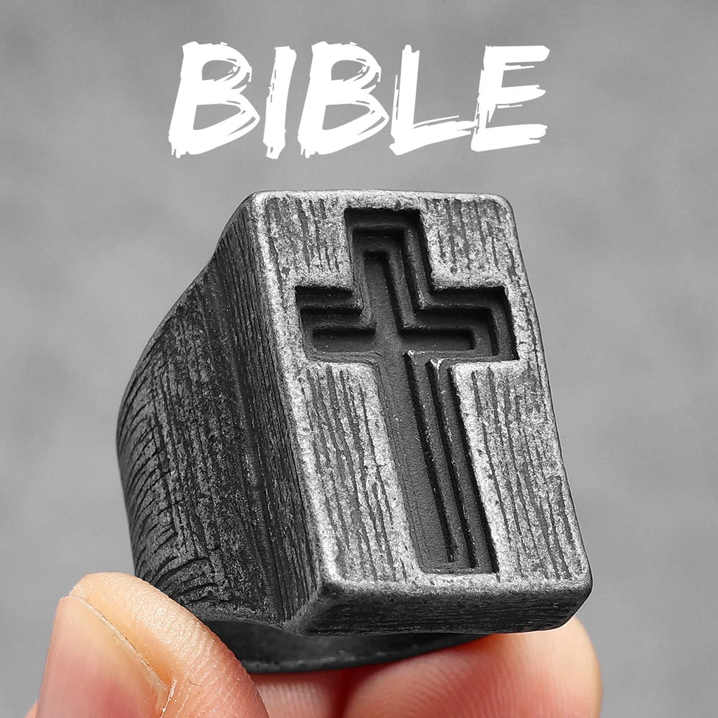 Black Cross Bible Ring — Stainless Steel