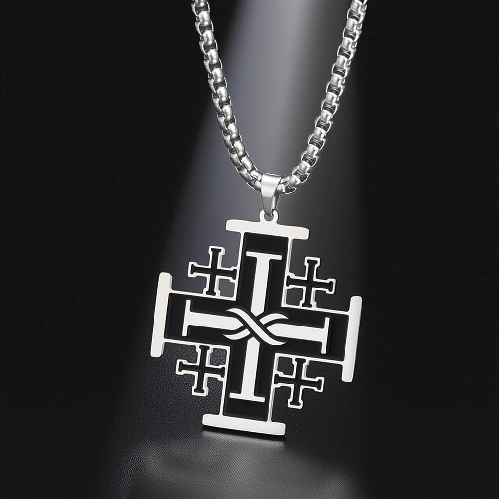 Jerusalem Crusader Cross Necklace — Five-Fold, Stainless Steel