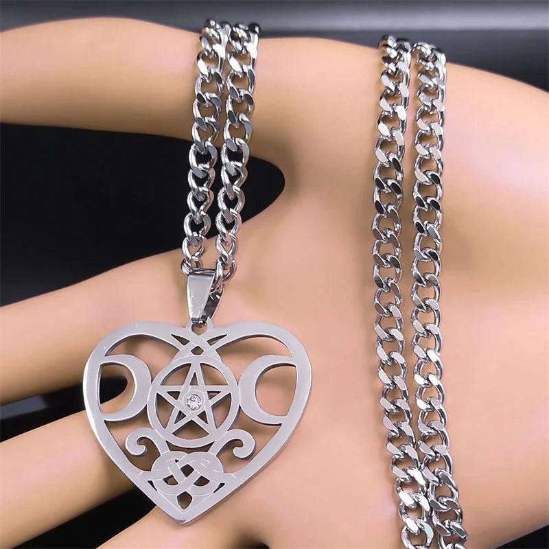 Wicca Heart Pentagram Pendant — Stainless