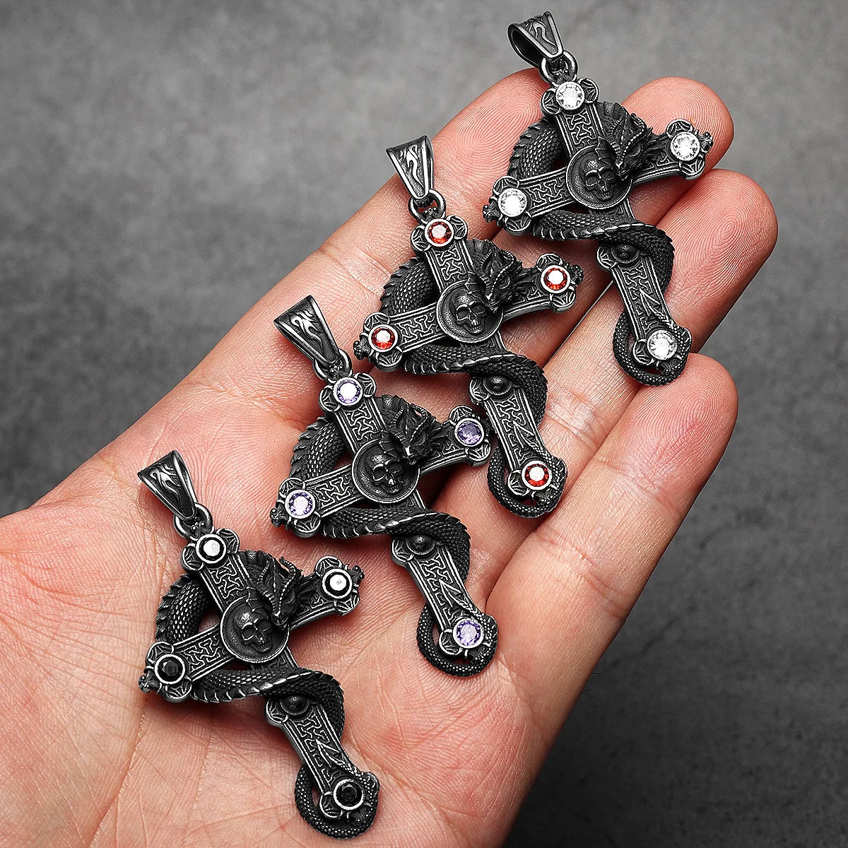 Skull Dragon Cross Pendant Necklace — Steel