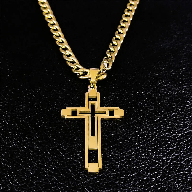 Hip Hop Cross Stainless Steel Chain Necklaces Gold Color Long Pendant Necklace for Women Men Christian Jewelry collier