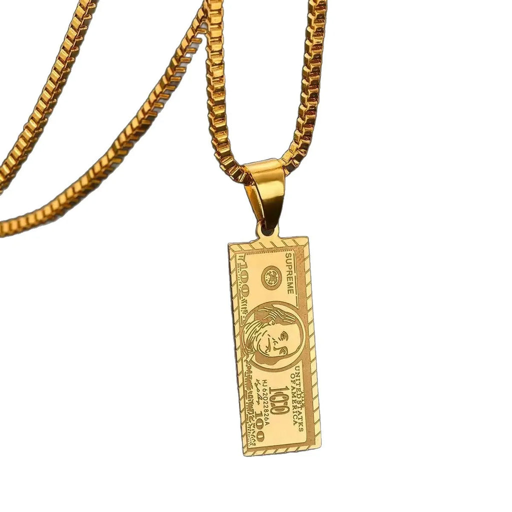 Luxury 24K 9999 Pure Gold real gold Dollar Small Banknote Pendant Men's Necklace