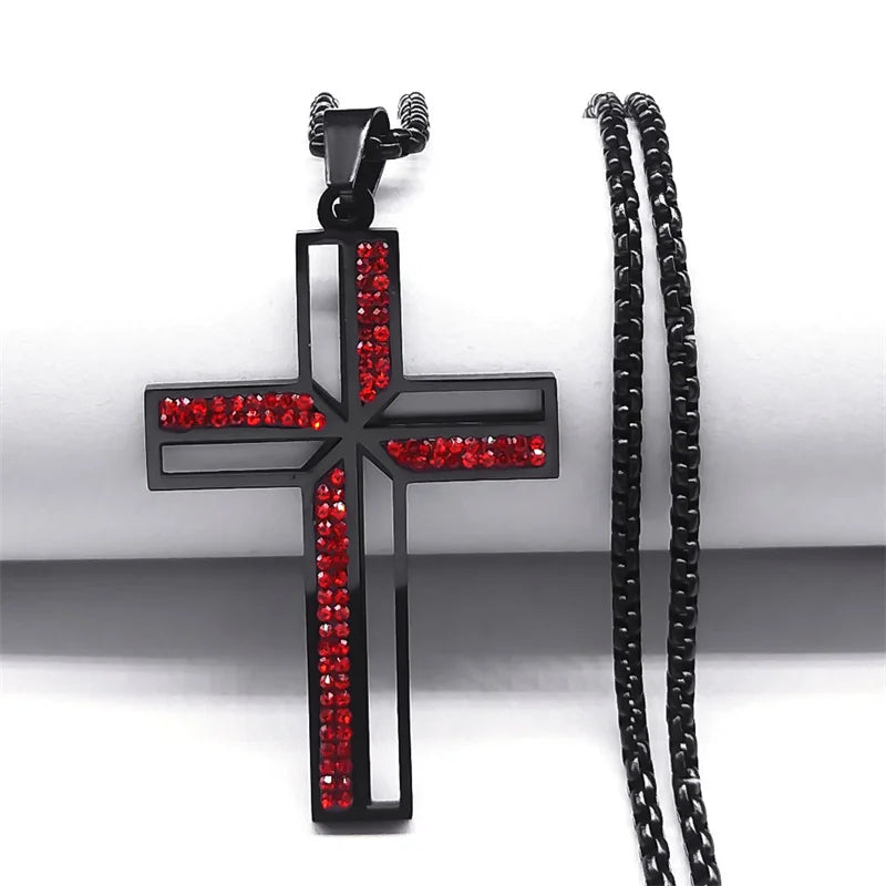 Catholic Open Cross Rhinestone Pendant Necklace — Stainless Steel