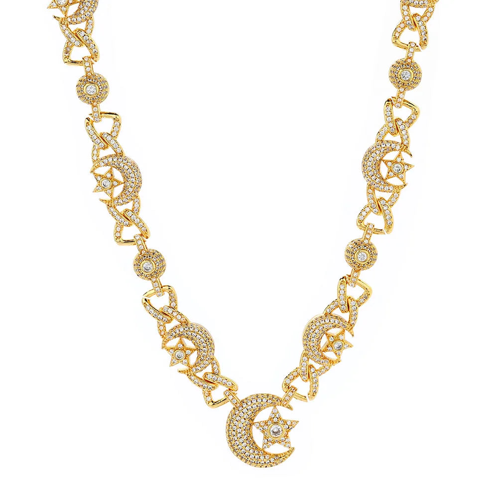 Iced Out Star Cuban Chain Necklace Moon CZ