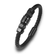 Hexagonal Leather Woven Bracelet — Stainless Steel