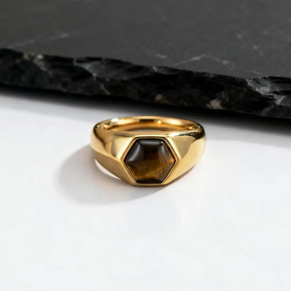 Gold Color Pinky Ring for Men Women,Stainless Steel Tiger Eye Stone Signet Ring,Dainty Chic Party Jewelry Gift