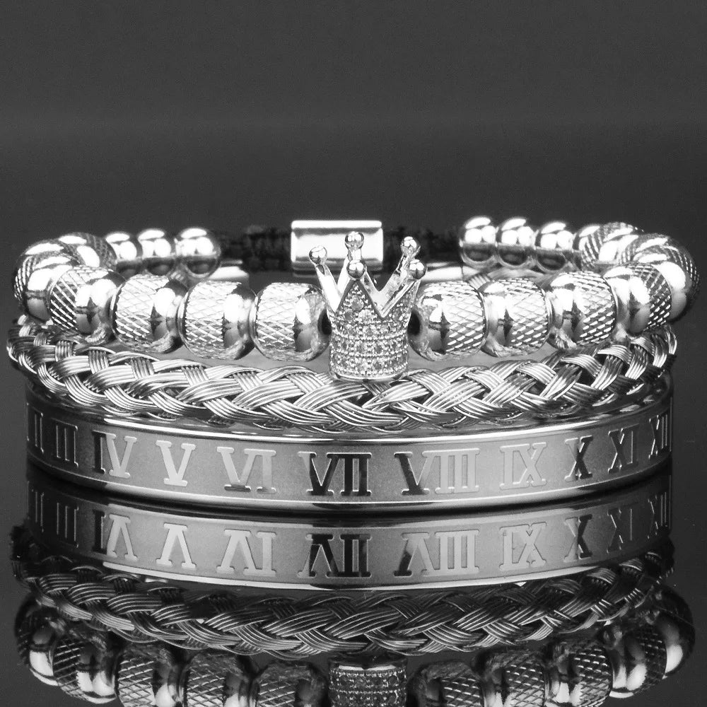 3pcs/Set Luxury Royal CZ King Crown Men Bracelets Roman Numeral Braided Adjustable Pulseira