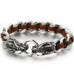 Punk Rocker Dragon Head Bracelet Man Braided Genuine Leather & 316l Stainless Steel Men's Wrist Strap Bracelets Handles