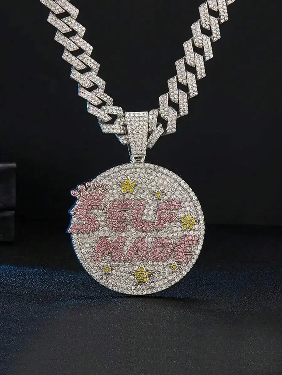 SGIAWETA-1pc Star-Shaped Letter Inlaid Ice Crystal Pendant Cuban Chain Necklace, Unisex, Cool And Charming Hip-Hop