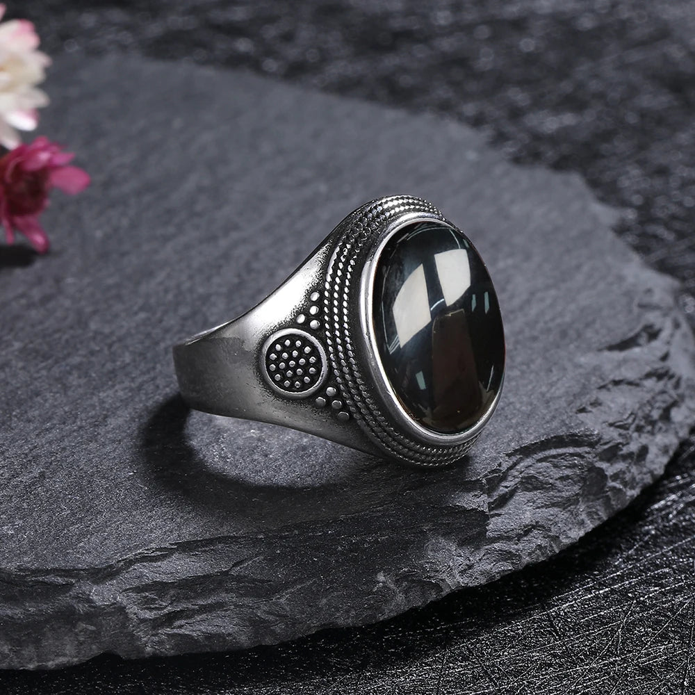 Silver Plated Rings Large Natural 10x14MM Black Agate Ring for Women Men Silver Party Jewelry Tiger Eye Turquoise Lapis