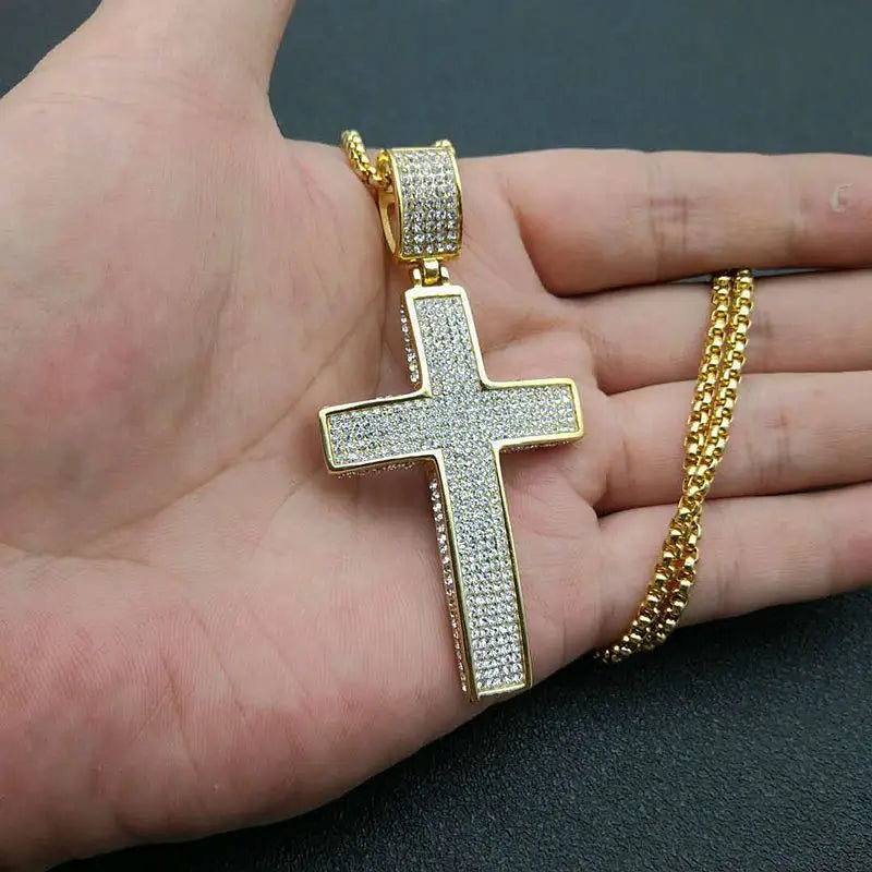 Stainless Steel Cross Pendants Necklaces Gold Color CZ Stone Paved Bling Iced Out Hip Hop Rapper Jewelry with 24" Gold