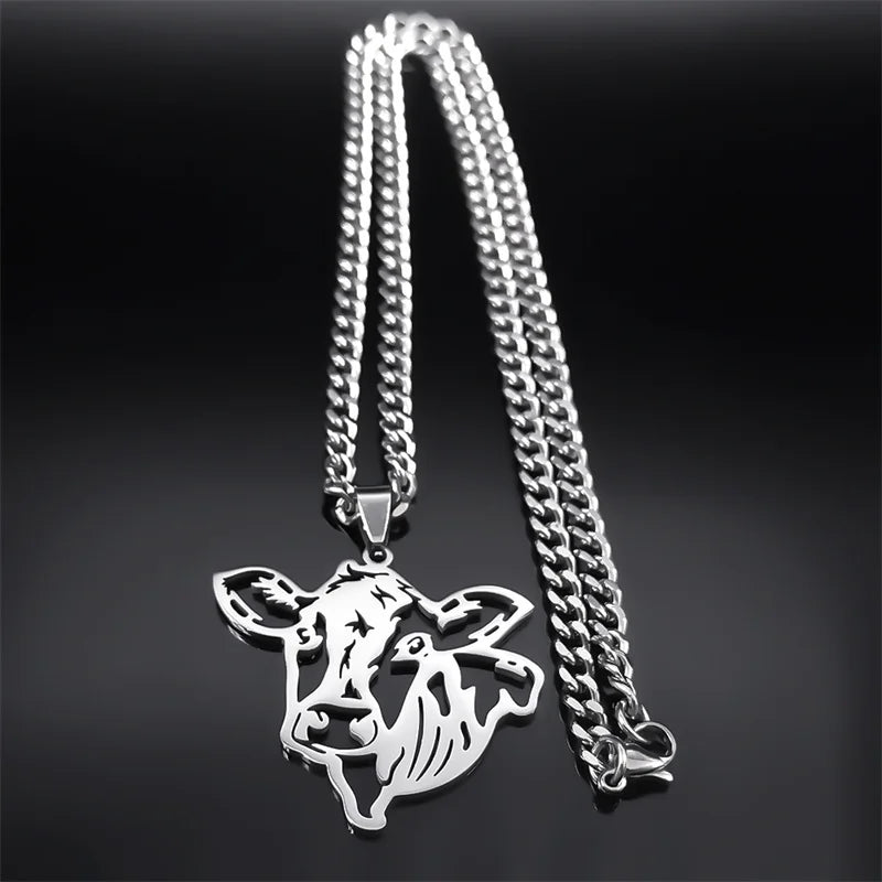 Cow Head Hollow Pendant — Silver Stainless