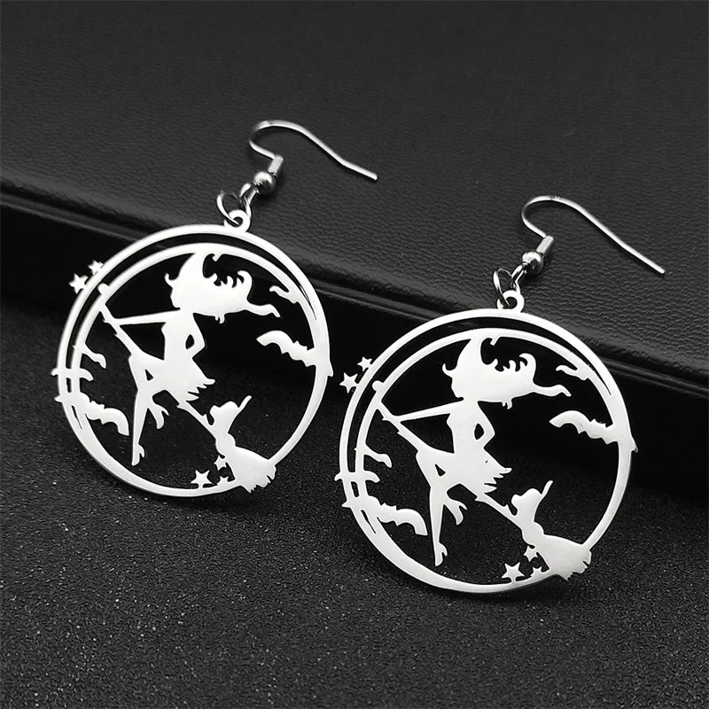 Bat Silver Earrings Goth Magic Cartoon Witch Broom