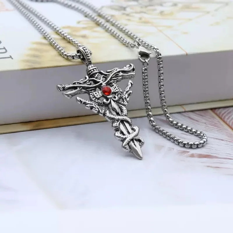 Punk Fashion Titanium Steel Necklace for Men Alloy Double Dragon Sword Pendant Choker Ring Vintage Evil Eye Cross