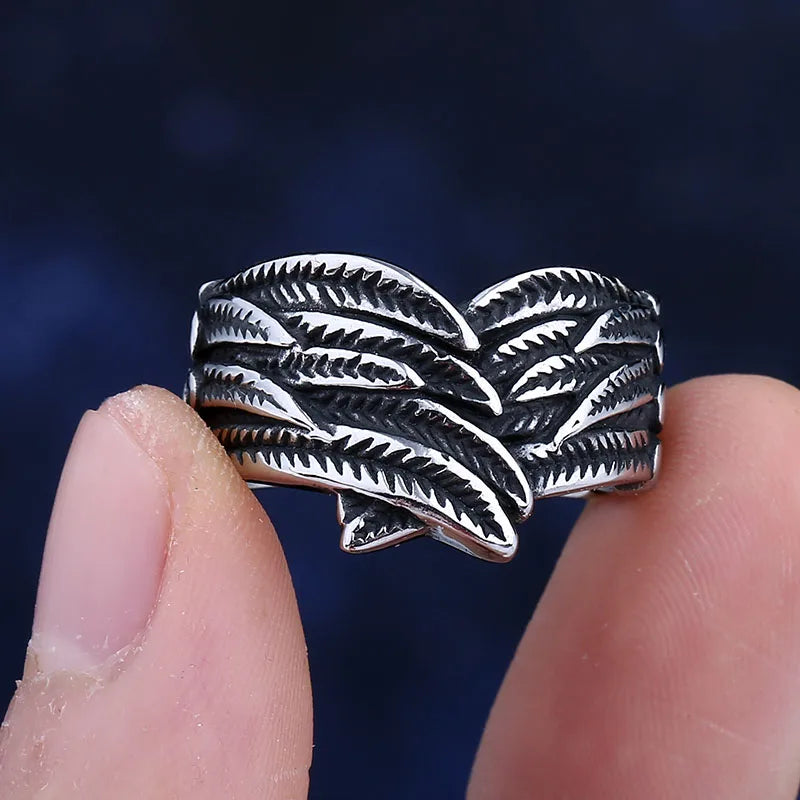 Double Wing Feather Ring — 316L Stainless Steel