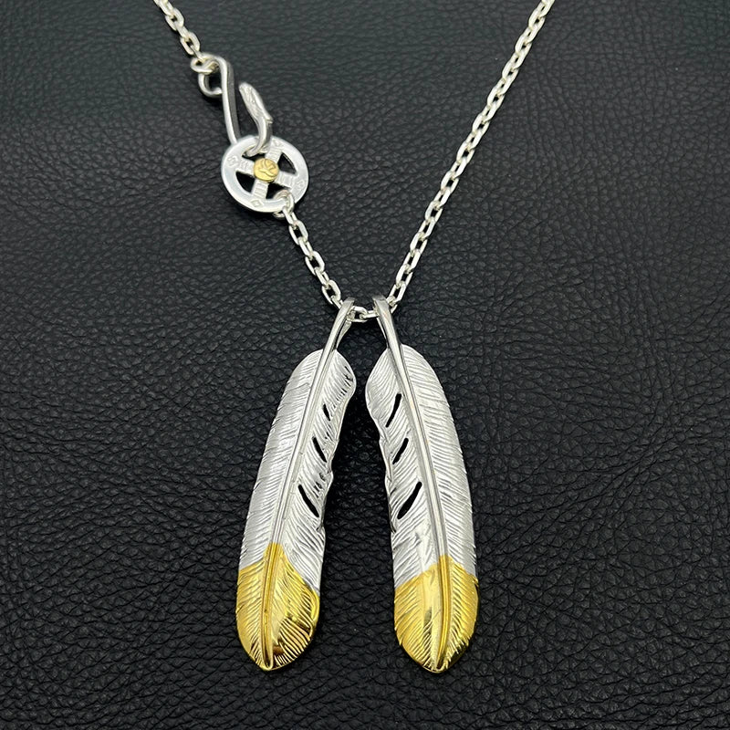 Handmade Two Tone Feather Pendant Necklace Silver Plated Alloy Men Women Vintage Biker Native American Goros Jewelry Gift