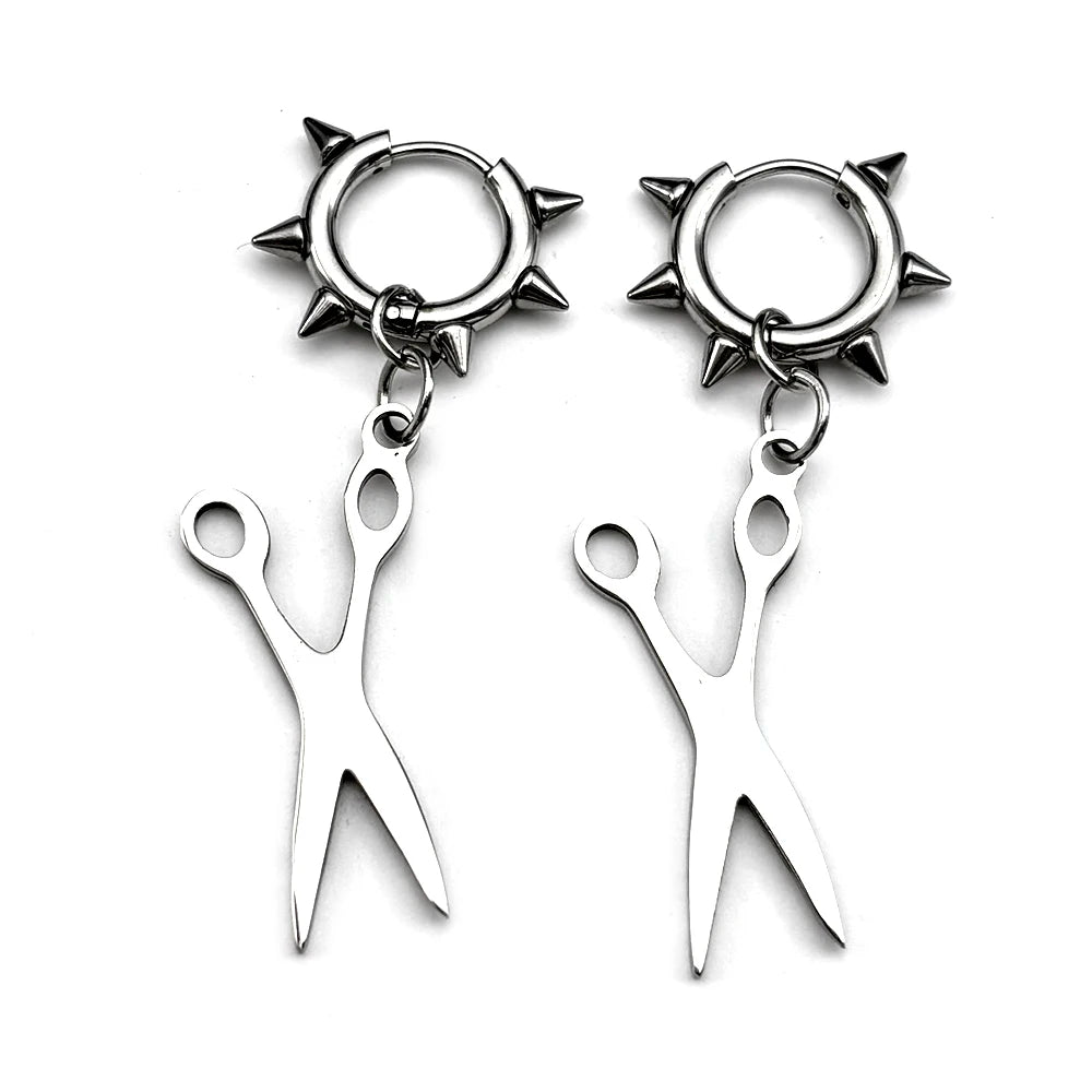 Gothic Scissors Rivet Hoop Dangle Earrings — Stainless Steel