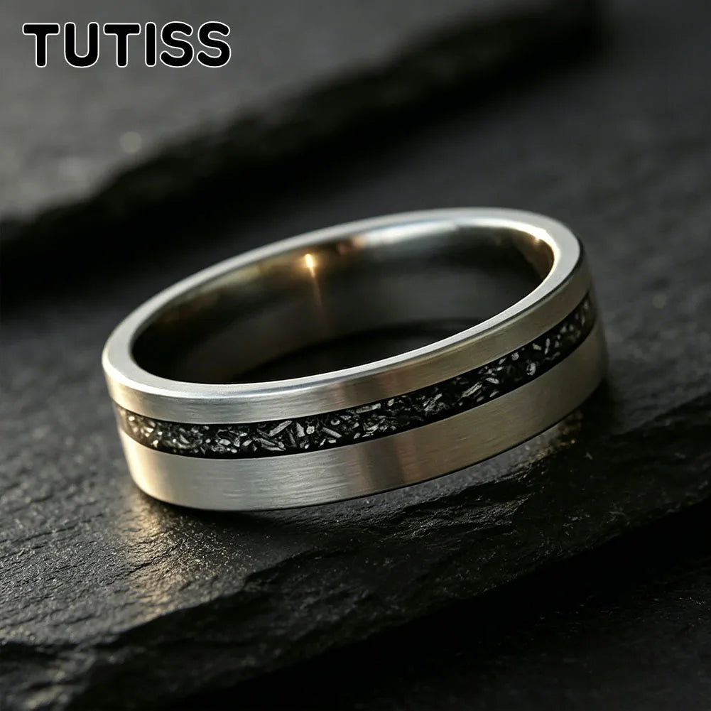 TUTISS 6/8mm Black Meteorite Tungsten Carbide Ring, Offset groove Brushed Finish, Couple Ring, Unique Wedding Band for her（Him）