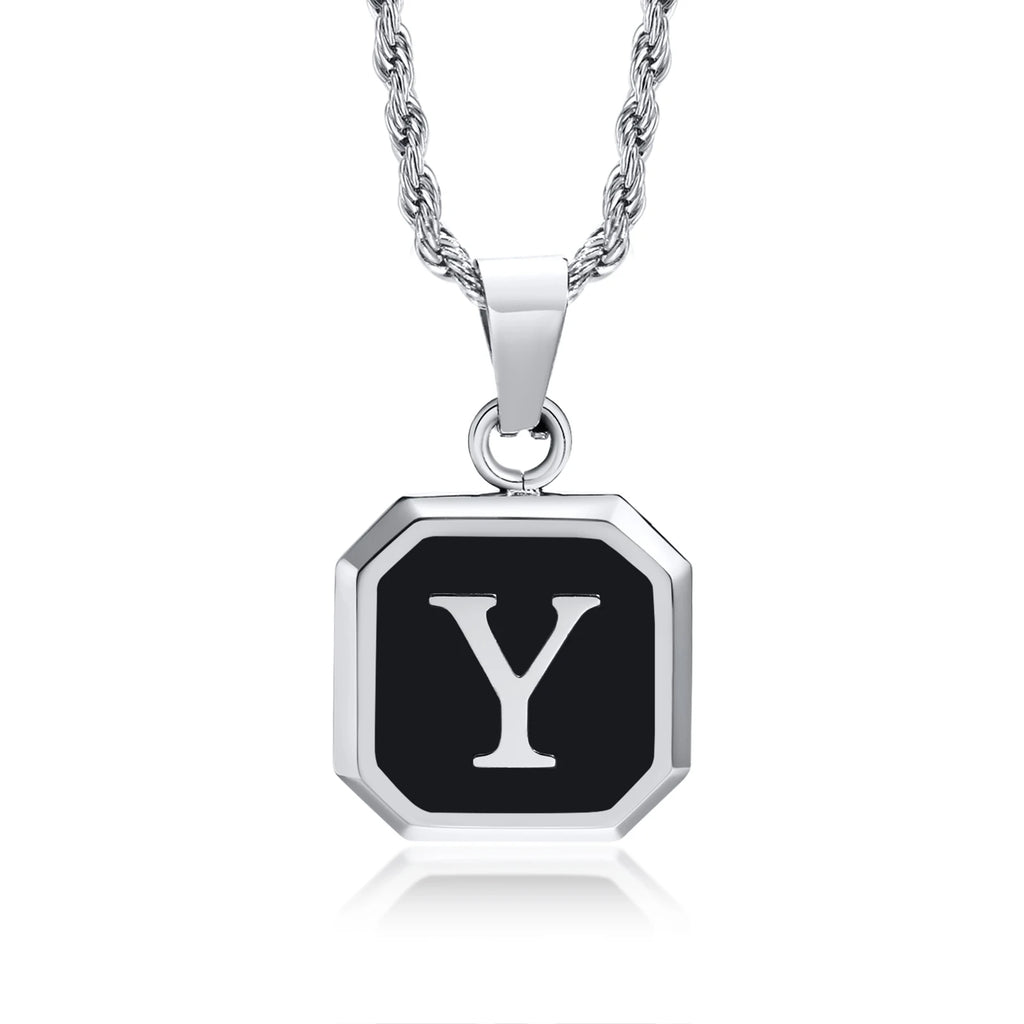 Initials Necklaces for Men Women,A-Z 26 Letters Black Square Stainless Steel Pendant Collar,45-60CM Twisted Rope Chain