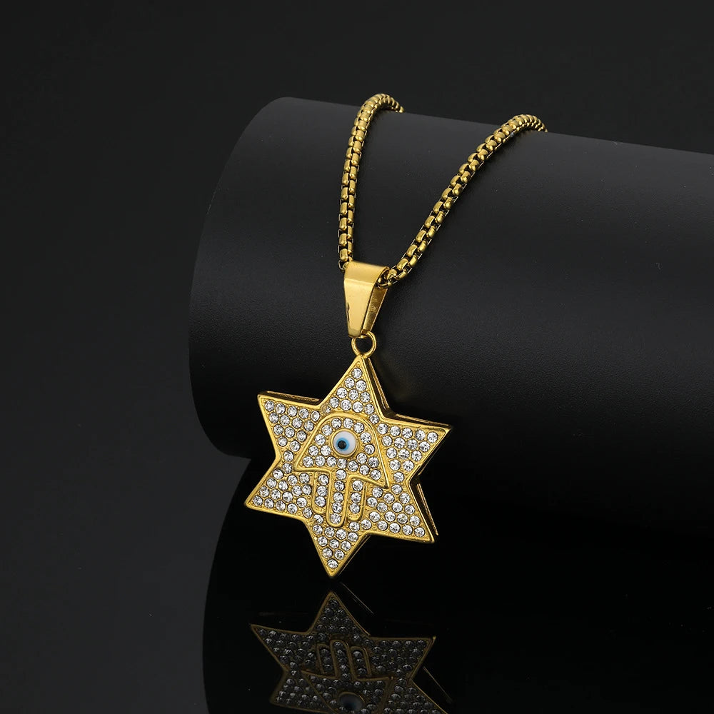 Hamsa Evil Eye Star of David Pendant Necklace — Gold-Tone Steel