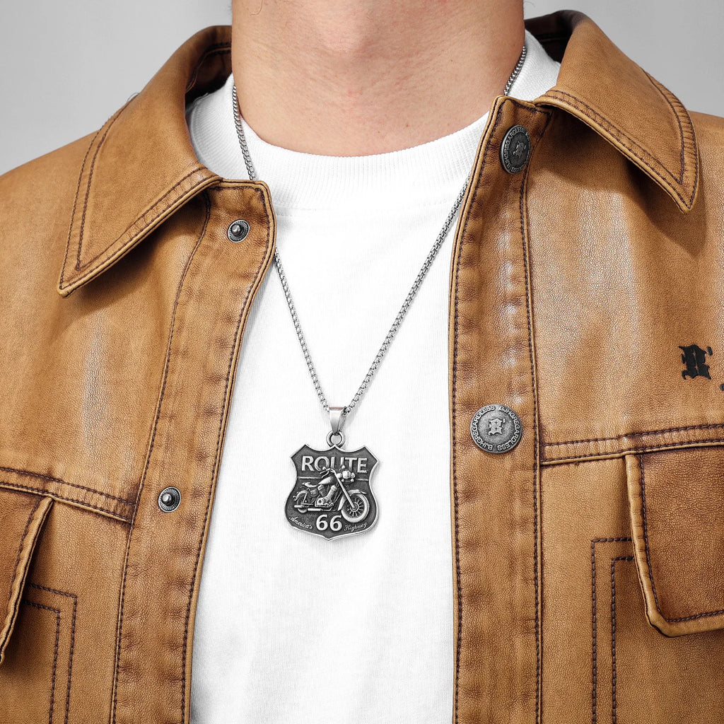 Route 66 Biker Pendant — Stainless Steel